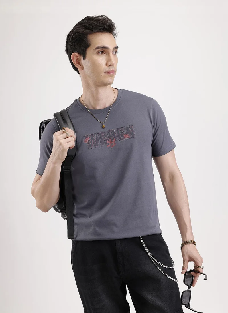 Wrogn Solid Embroidery Patch T-Shirt   |  Grey